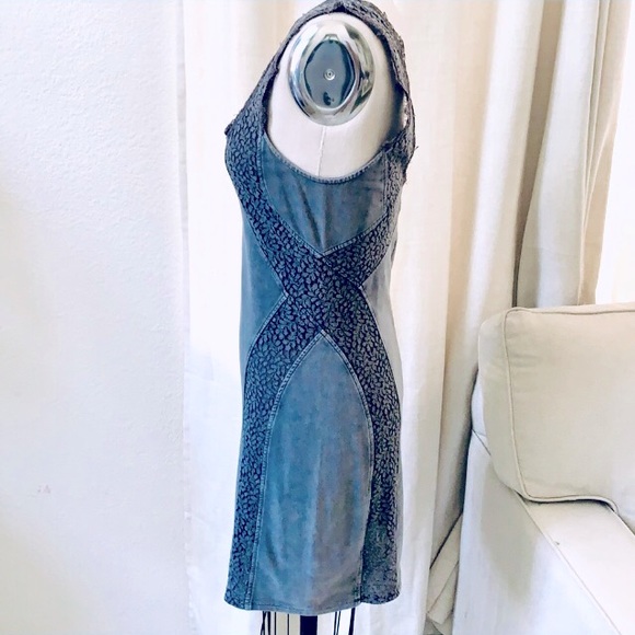 Free People BodyCon Tank Dress Blue/Grey w/ Lace Inlay Stone Wash Cotton/Spandex - Picture 3 of 14